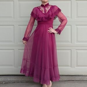 1970's VINTAGE MAXI DRESS sheer berry XS (K1)